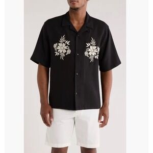 PACSUN Men's Medium Black Floral Embroidered Short Sleeve Camp Shirt 100% Cotton